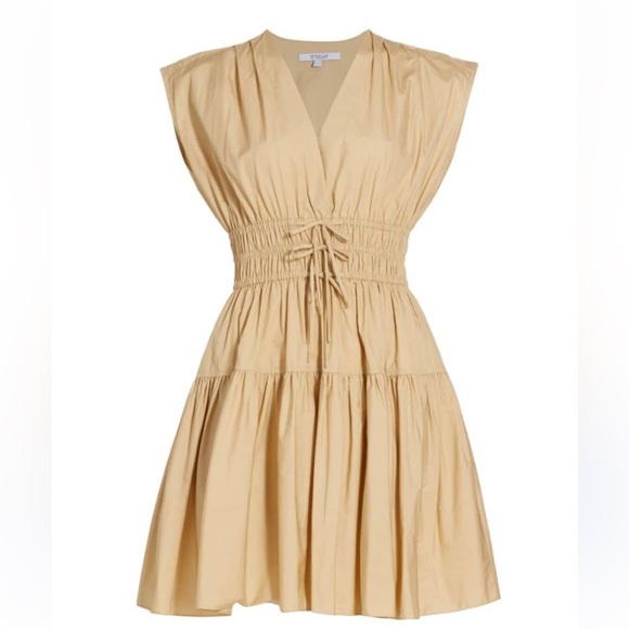 DEREK LAM TORA SMOCKED V-NECK MINIDRESS Khaki Sz XL 12 - Picture 1 of 11